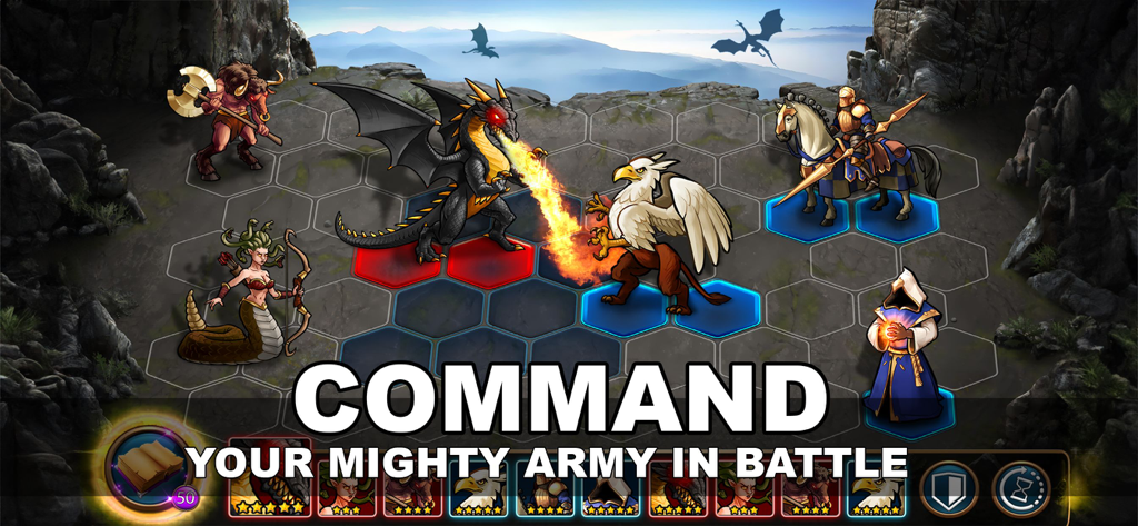 Era of Magic Wars - Tactical turn-based battle in Era of Magic Wars showing a dragon and griffin on a hex grid