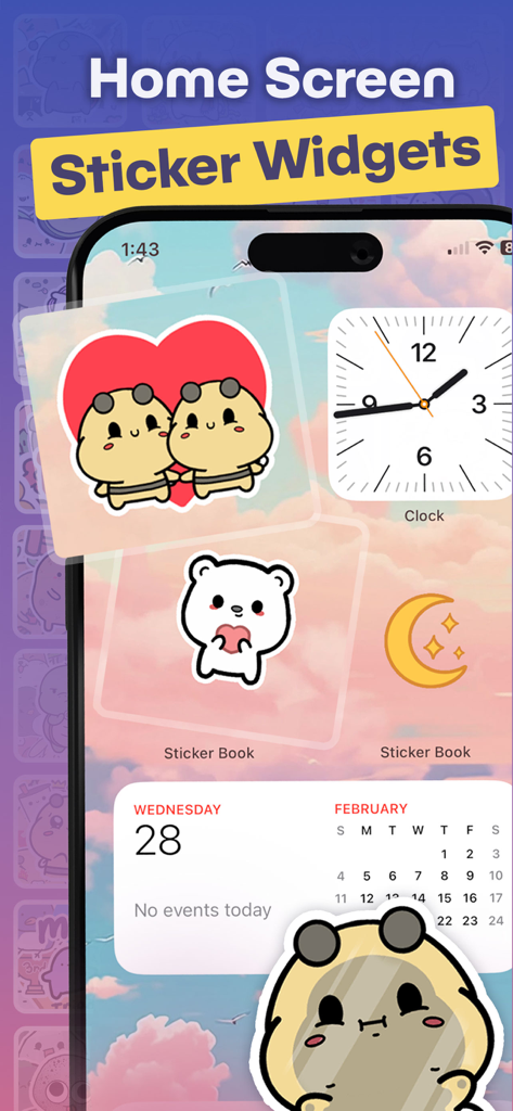 Écran d'accueil de l'iPhone montrant des widgets de stickers esthétiques avec des animaux mignons de l'application Sticker Book