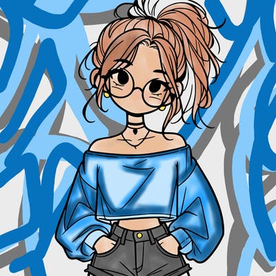 girl with a messy ponytail glasses a baggy crop top and jean shorts