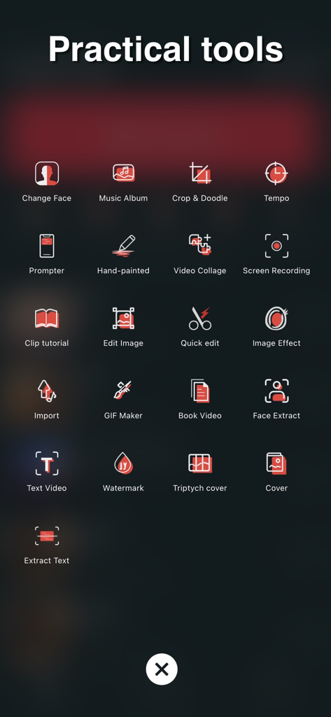 剪影 - 视频剪辑 & 卡点影集制作 - A menu display within the Silhouette video editor app titled Practical tools showing icons for GIF Maker Video Collage and more