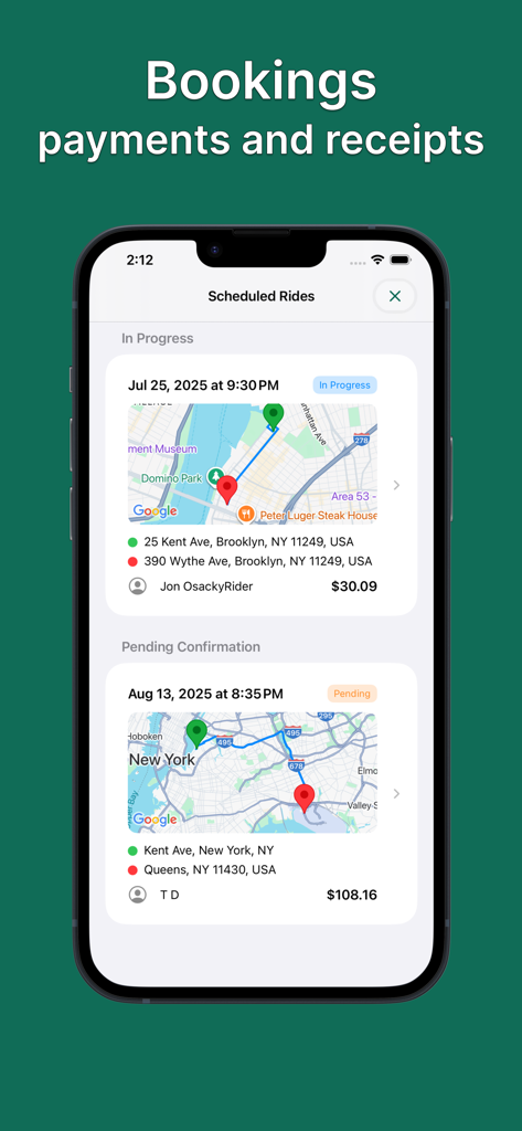 Taximeter - Meter App - Interface of the Taximeter app showing a list of scheduled and in-progress rides with maps and prices