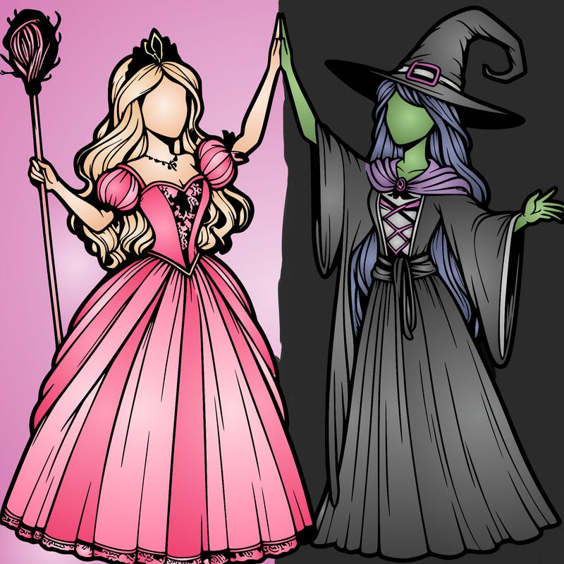 detailed realistic split of a princess and a witch