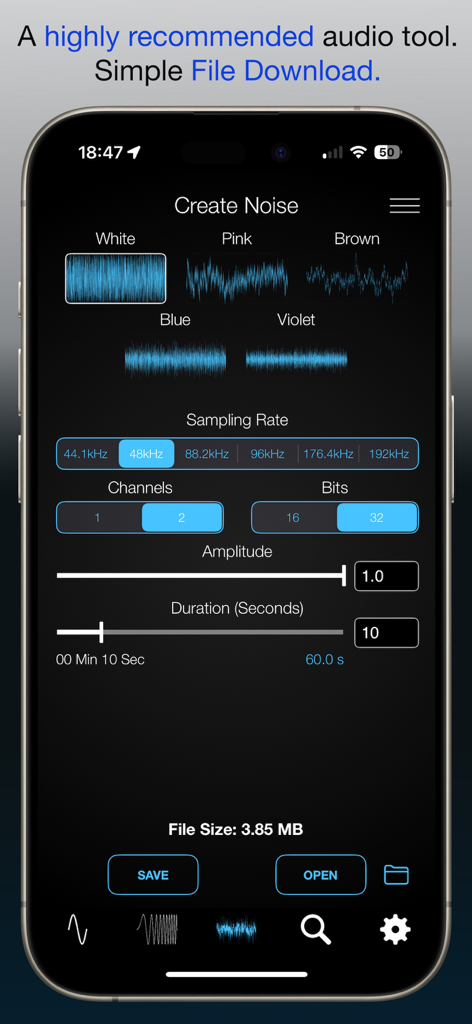 WAV Audio File Generator app screen for creating white pink and brown noise signals