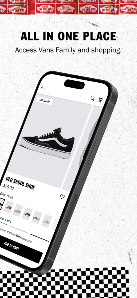 Vans Family - Smartphone displaying the Vans Family app with an Old Skool shoe product page