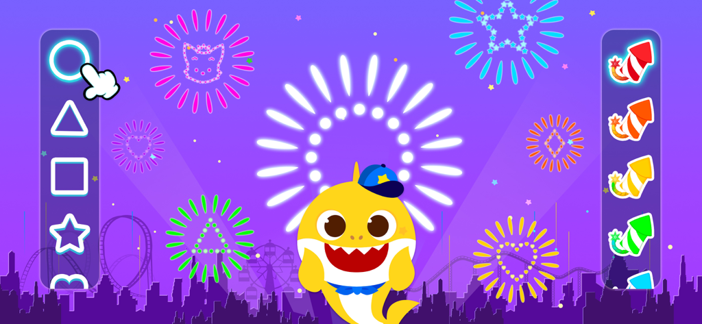 Baby Shark in a fireworks game learning shapes and colors at an amusement park