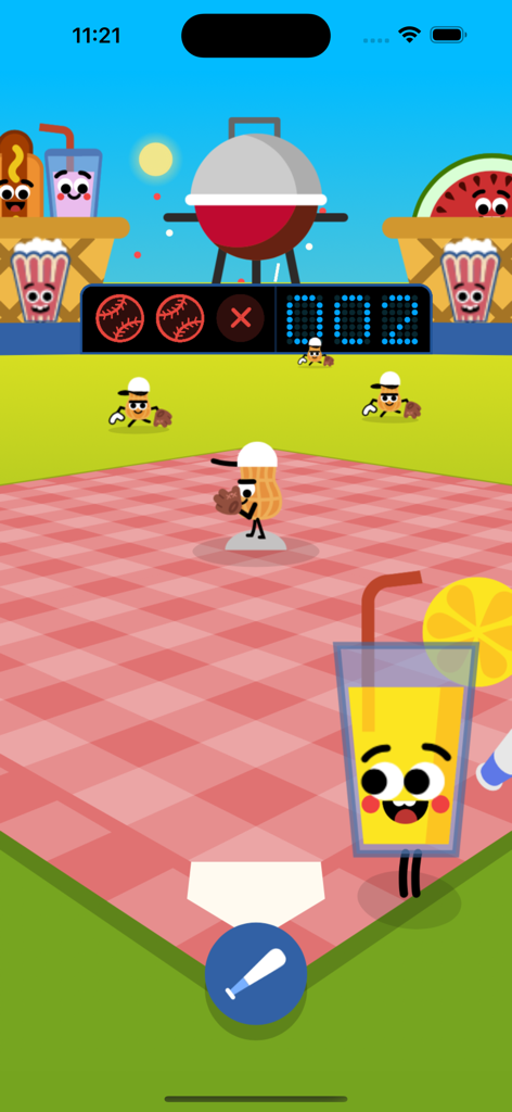 Doodle Baseball Game - A doodle style baseball game with food characters playing on a picnic blanket field.