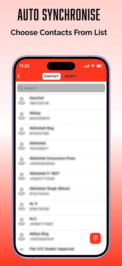 MagicCall - Voice Changer App - Um smartphone exibindo a tela de sincronização da lista de contatos do MagicCall para selecionar destinatários de trotes.