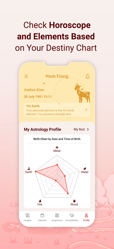 Personal astrology profile showing a five elements destiny chart on the Num Eiang app