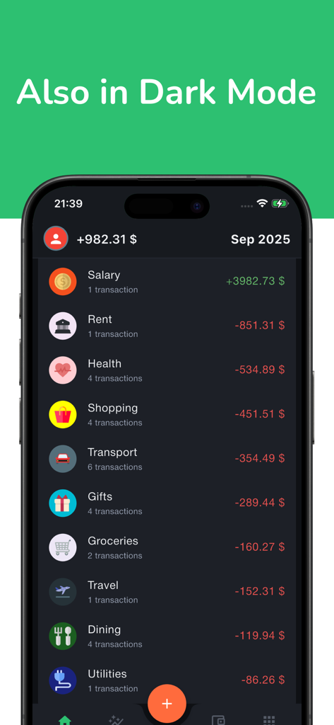 Budget Buddy: Expense Manager - Budget Buddy expense manager app interface in dark mode showing a list of categorized monthly transactions