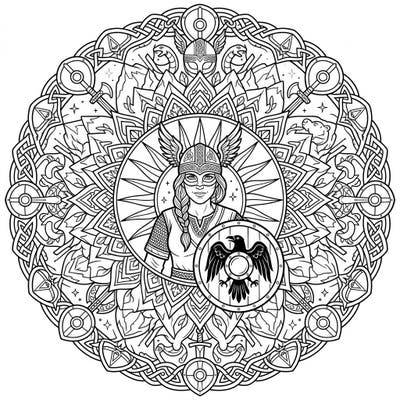 Journey to the heart of Norse legends with this captivating Shieldmaiden Mandala coloring page. Discover a brave warrior surrounded by intricate Viking-inspired patterns, ready for your creative touch.