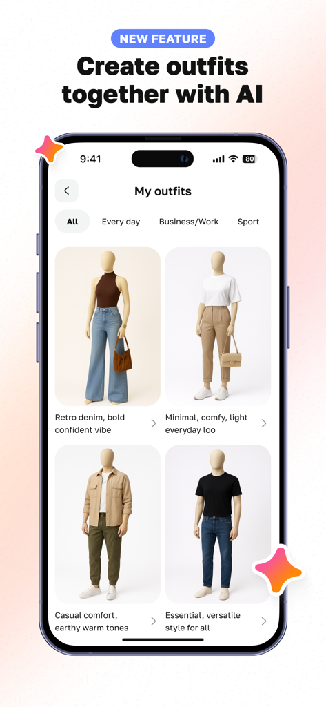 Beauty AI: Outfit & Closet - Mobile app screen showing various AI-generated outfit ideas with a virtual closet interface.