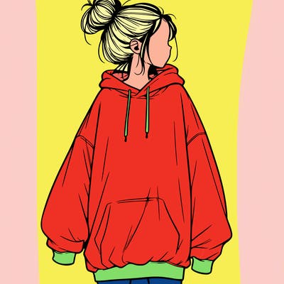 realistic girl with a oversized sweatshirt on and a bun