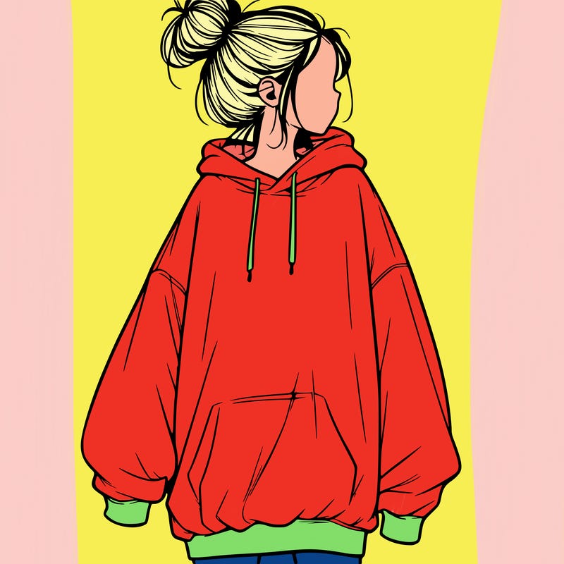 realistic girl with a oversized sweatshirt on and a bun