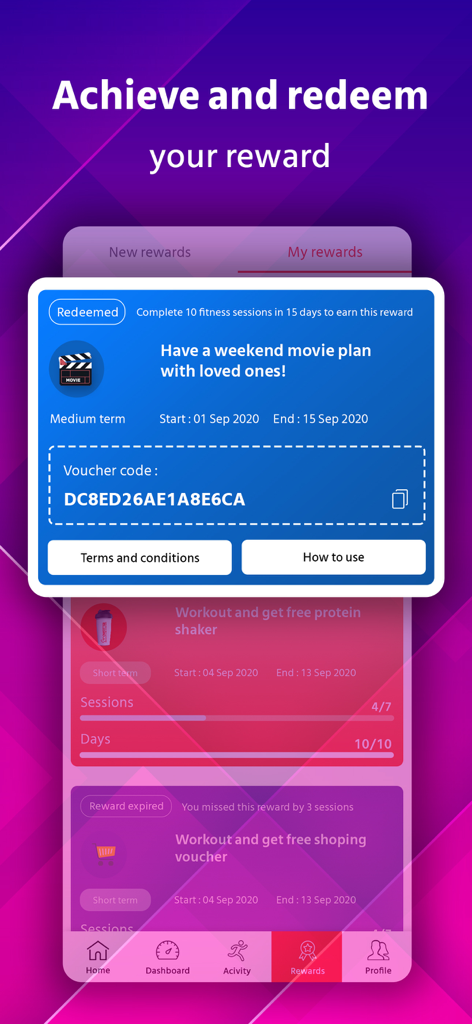 Growfitter - Growfitter mobile app displaying a redeemed movie voucher and other fitness rewards.