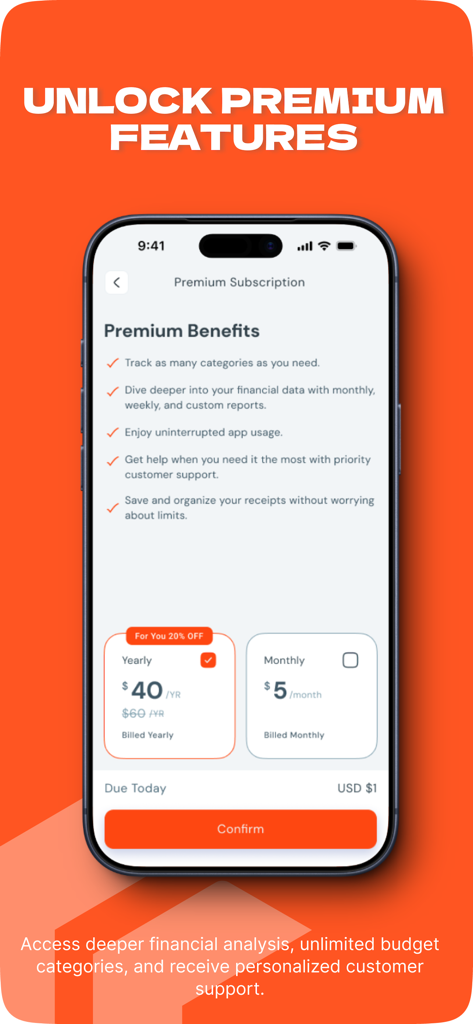 KYE: Know Your Expenses - KYE app premium subscription screen showing benefits and monthly or yearly pricing plans