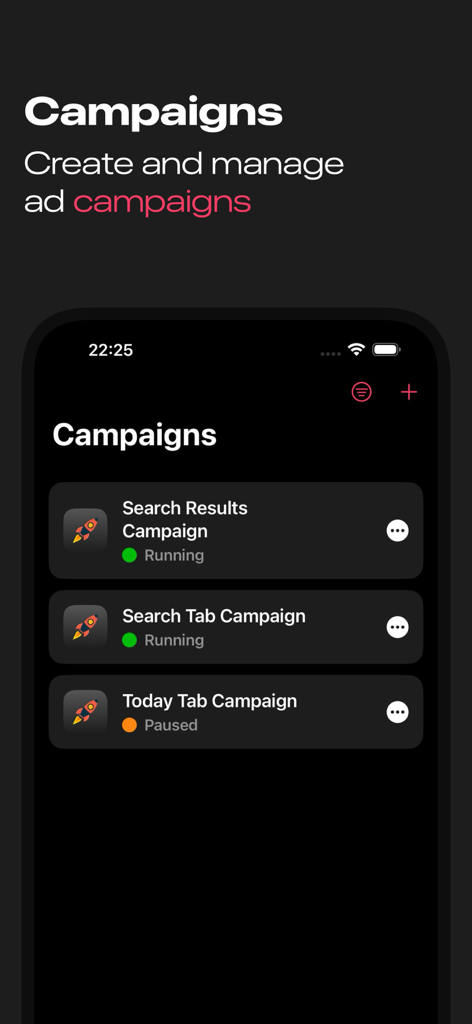 Rocket Ads - Rocket Ads mobile interface showing a list of Apple Search Ads campaigns with running and paused statuses
