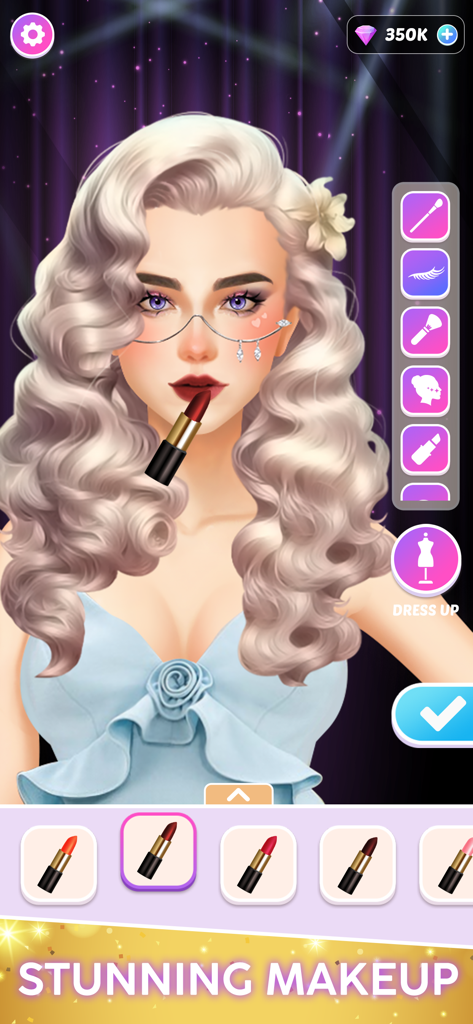 A digital character model being styled with dark red lipstick in a glam makeup game interface