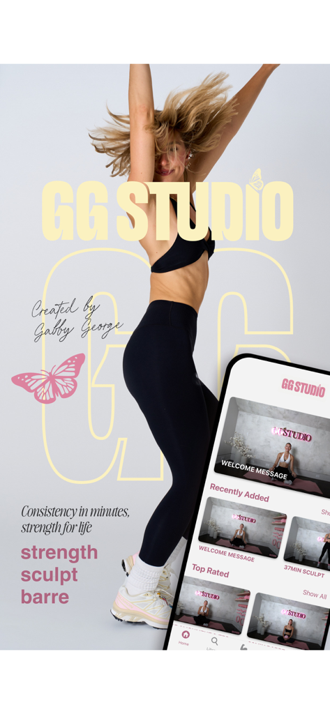GGStudio - Smartphone displaying the GGStudio fitness app interface next to founder Gabby George jumping in athletic wear.