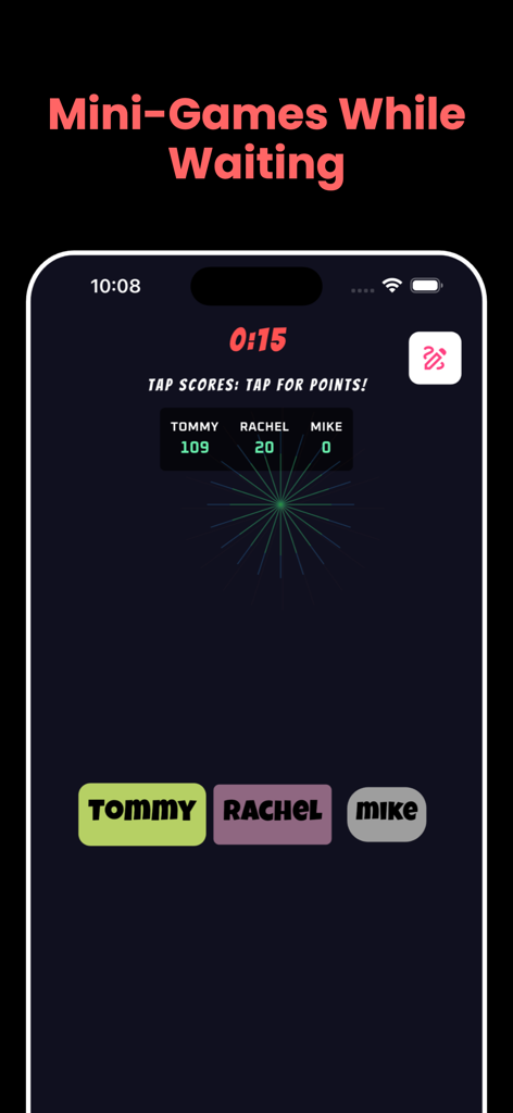 Party Ai - A mini game interface in the Party Ai app showing a tapping contest with player scores and a countdown timer.
