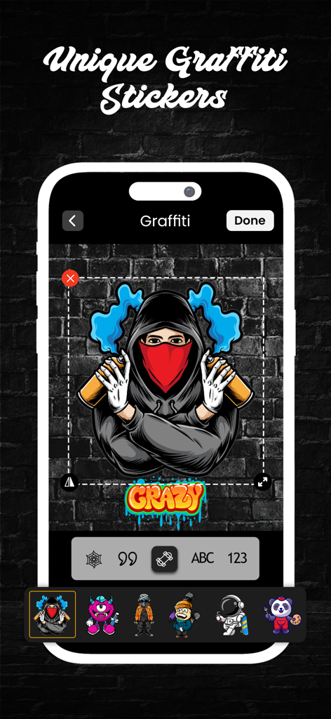 Mobile app interface showing unique graffiti character stickers on a brick wall background