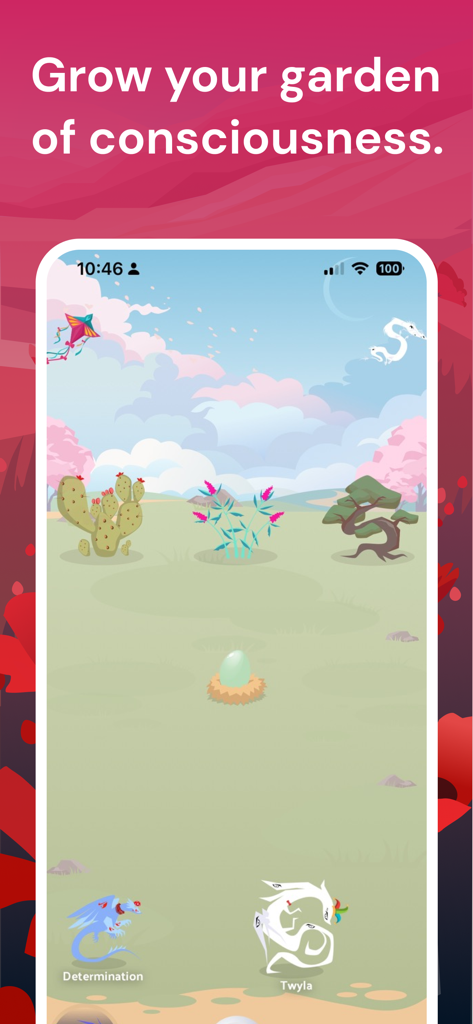 Voidpet Garden app interface showing a peaceful virtual landscape with magical creatures representing emotions