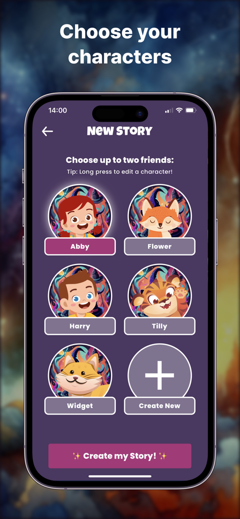 Magic Bookshelf: AI Stories - Interface of Magic Bookshelf app showing a variety of characters like Abby, Flower the fox, and Harry for children to select for their personalized AI story