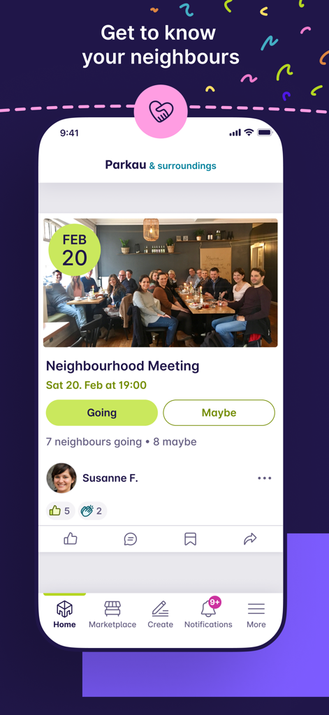 nebenan.de - The nebenan app interface showing a neighborhood meeting event post with community members