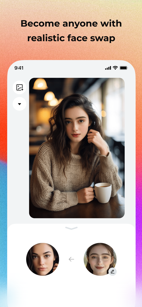 Pica AI App-Oberfläche zeigt eine realistische Gesichtsüberlagerungsfunktion auf einem Porträt einer Frau