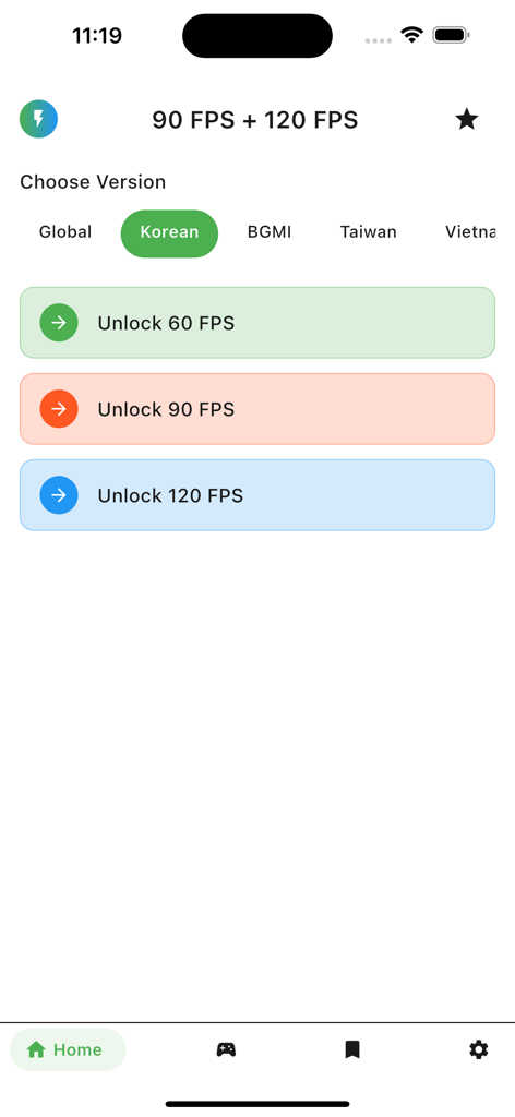 120 FPS GFXSpeedUP - Interface do aplicativo mobile mostrando botões para desbloquear 60, 90 e 120 FPS para performance de jogos