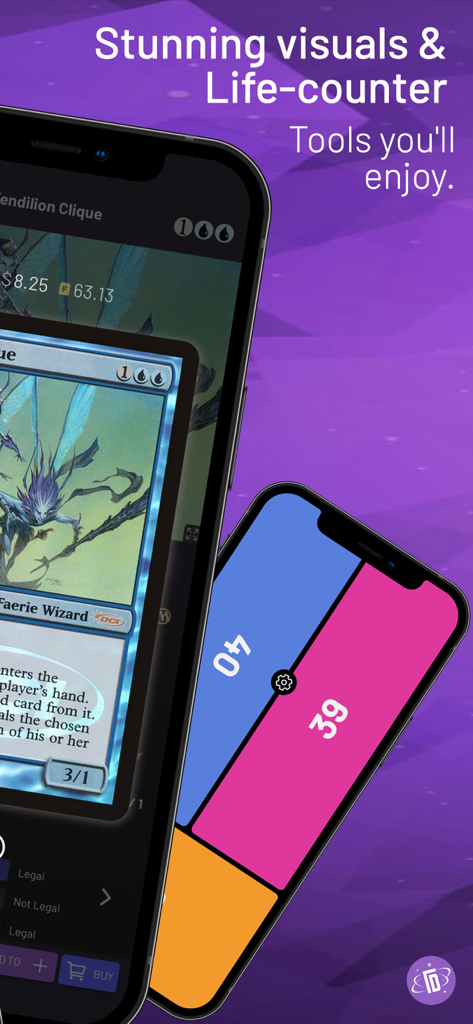 TopDecked MTG - Two iPhones displaying the TopDecked MTG app featuring a high-definition card view and a multi-player life counter.