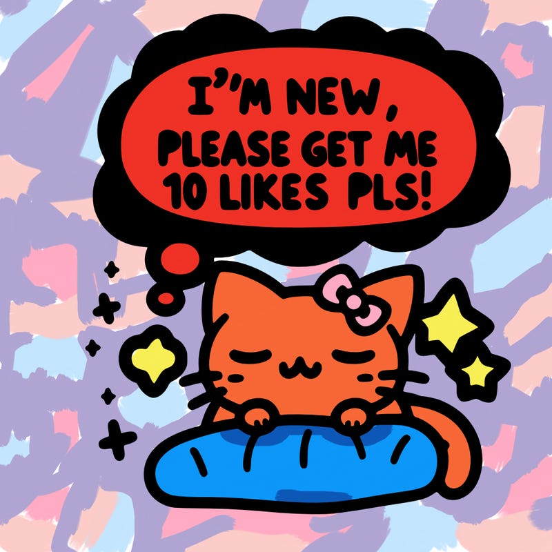 kitty taking a nap dream talking and saying "i'm new, please get me at least 10 likes pls!!"