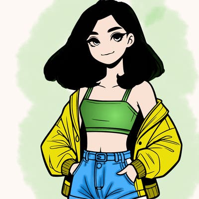 a realistic girl with a crop top and short shorts in an open jacket