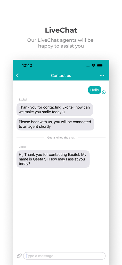 my Excitel app live chat interface with customer service agent