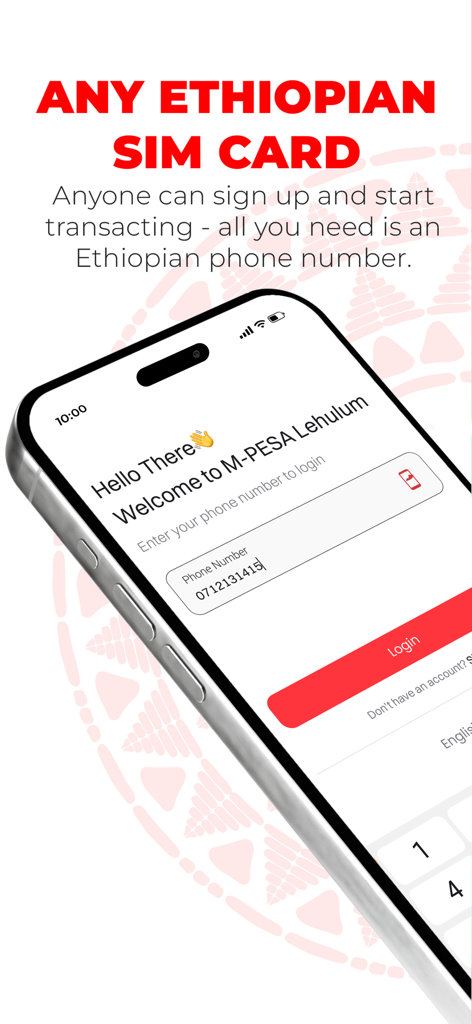 M-PESA Lehulum - Pantalla de inicio de sesión de la aplicación M-PESA Lehulum con texto que indica compatibilidad con cualquier tarjeta SIM etíope