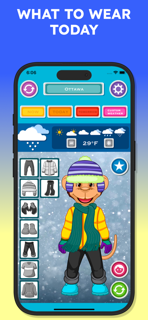 Forecast & What to Wear - Monkey character dressed in winter clothes for snow in a kids weather app