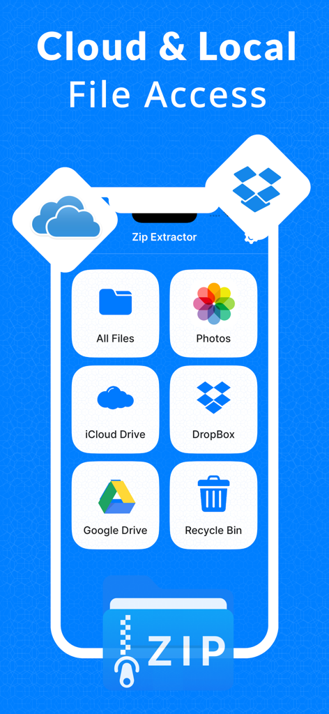 7-Zip Extractor・unzip・opener - Interface of 7-Zip Extractor showing cloud and local file storage options including iCloud, Google Drive, and Dropbox.