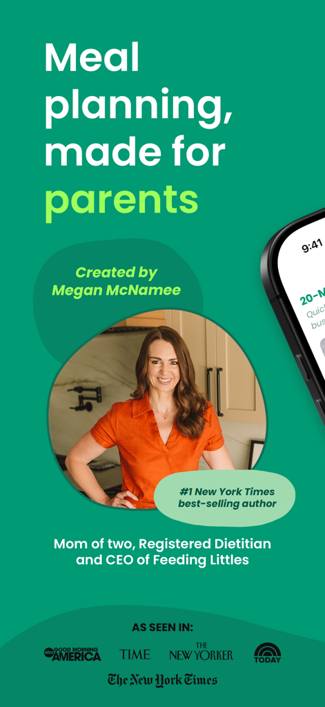 Feeding Littles - Easy Recipes - Aplicación Feeding Littles presentando a Megan McNamee con planificación de comidas para padres y menciones en medios