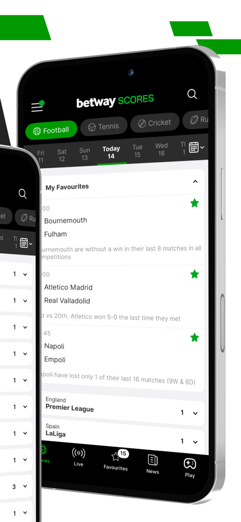 Betway Scores mobile app interface displaying a list of favorite football matches and sports categories