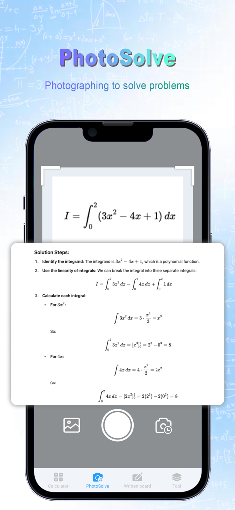 AI QuickSolver - Interfaz de la aplicación AI QuickSolver que muestra una solución matemática basada en fotos para un problema de cálculo integral