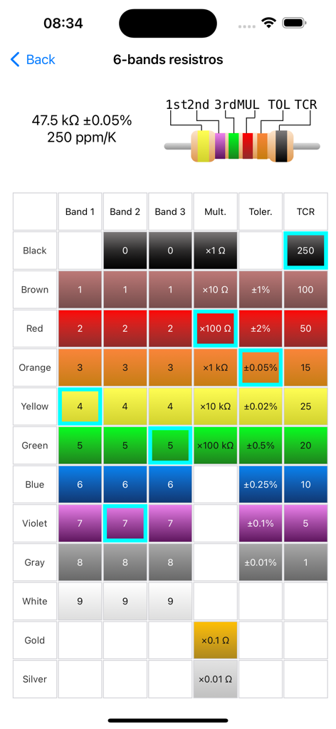 Resistor color codes calc - 6バンド抵抗器のカラーコードを計算するためのモバイルアプリインターフェース。カラー選択グリッドが表示されています。