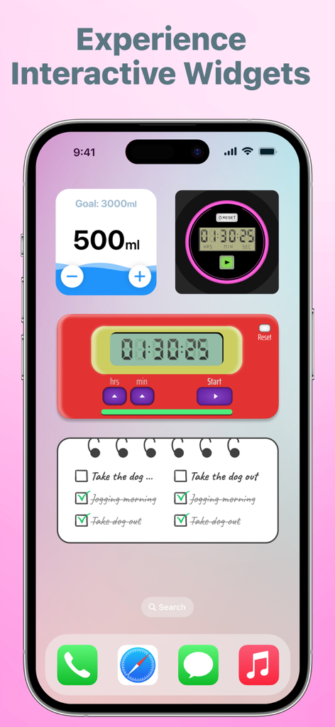 Widget Box Interactive Widgets - Una pantalla de inicio de iPhone que muestra múltiples widgets interactivos de Widget Box, incluido un rastreador de ingesta de agua, un temporizador retro y una lista de tareas pendientes.