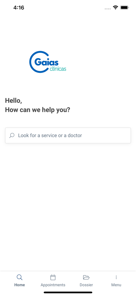 Gaias Clinicas - Pantalla de inicio de la aplicación Gaias Clínicas que muestra una barra de búsqueda para buscar un servicio o un médico