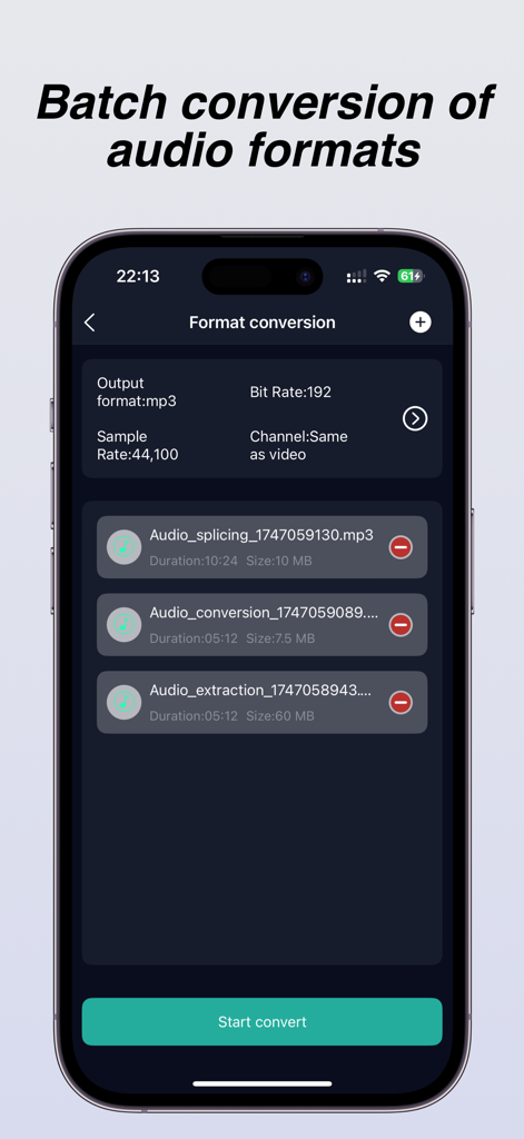 Audio Extractor-Audio Editing - Interface of the Audio Extractor app showing the batch audio format conversion feature with settings for bitrate and sample rate.
