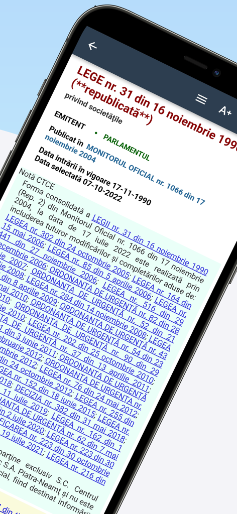 Interfaz de la aplicación Legis Mobile mostrando una ley rumana específica con texto consolidado y referencias legales.