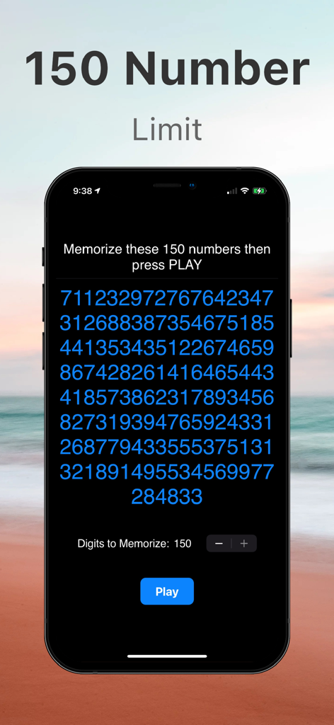 Number Recall Memory Trainer - Ein Smartphone, das die Number Recall Memory Trainer-App mit einer Sequenz von 150 zu merkenden Ziffern vor einem Strandhintergrund anzeigt.