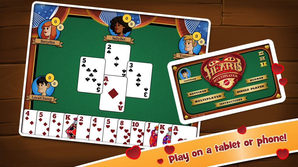 Hearts Multiplayer HD card game interface showing a classic green table and menu options on mobile devices