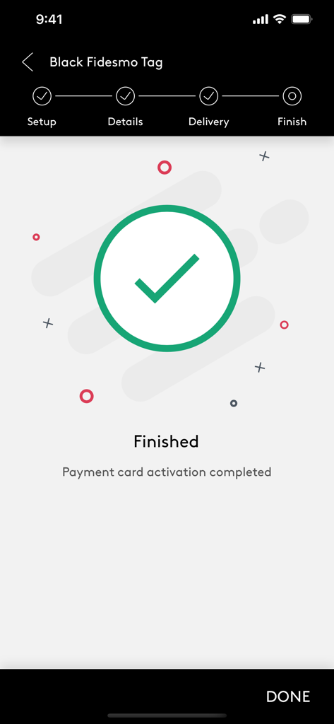 Screenshot of the Fidesmo app showing a successful payment card activation for a wearable device with a large green checkmark