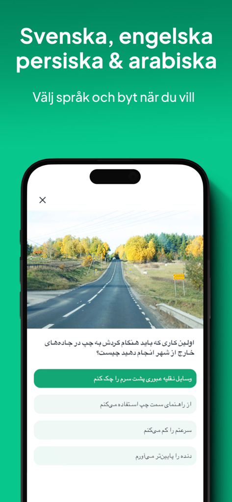 Pregunta del examen teórico de conducción en persa dentro de la interfaz de la app Trafiko