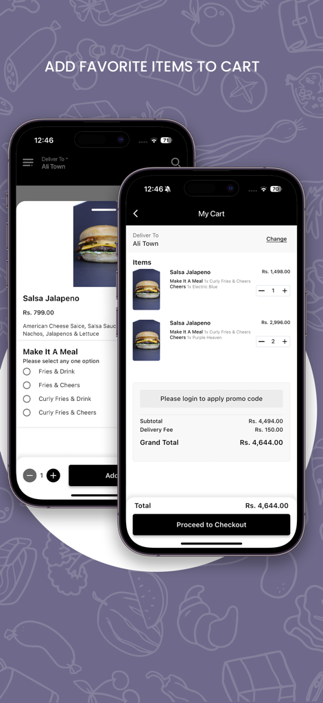 MEG BURGERS - Mobile app interface for MEG BURGERS showing burger customization and checkout cart.