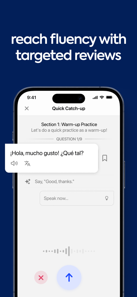 Spanish speaking practice session on the Speak app interface showing speech recognition and AI feedback.